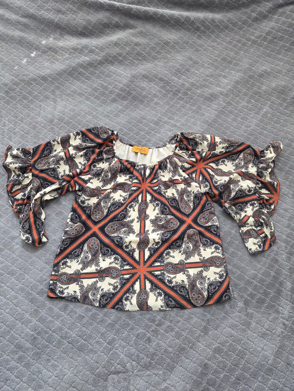Voom by Joy Han Boho Paisley Scarf Print Ruffle Sleeve Blouse - Size Small